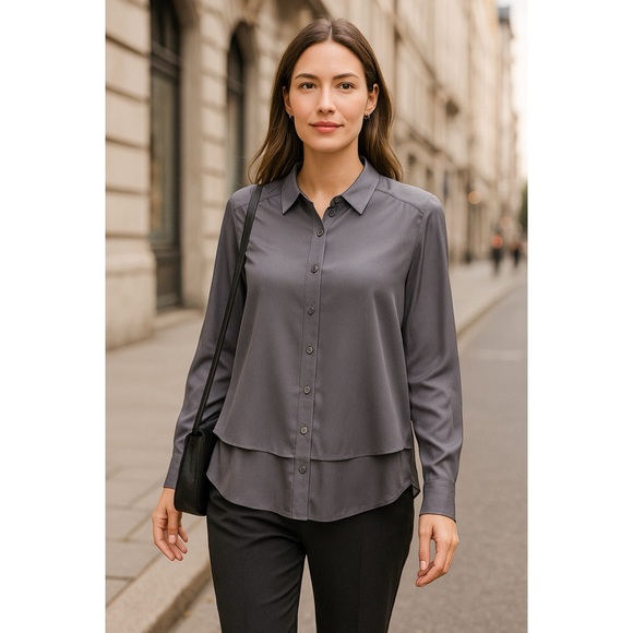 Poetry Womens Gray Silk Button Front Blouse Sz 10 Minimalist Quiet Luxury Office - Picture 1 of 11